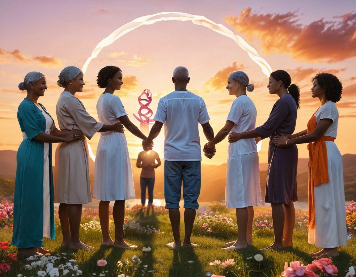 A serene scene depicting diverse cancer survivors holding hands in a circle, radiating strength and hope. In the background, a vibrant sunset symbolizes resilience and new beginnings, with symbols of support like ribbons and flowers. The foreground includes essential resources like books and wellness tools, visually representing empowerment. super-realistic. vibrant colors. warm tones.