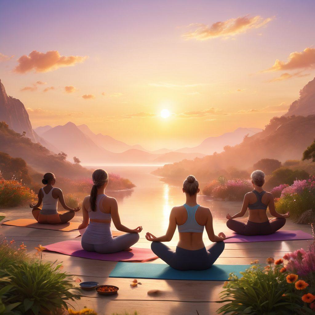 A serene landscape showcasing a diverse group of cancer warriors engaged in holistic health practices, such as yoga, meditation, and preparing healthy meals. The background features a bright sunrise symbolizing hope and transformation, with elements like herbal remedies and supportive community interactions. Soft, warm colors and gentle light enhance the atmosphere of healing and resilience. super-realistic. vibrant colors. soothing background.